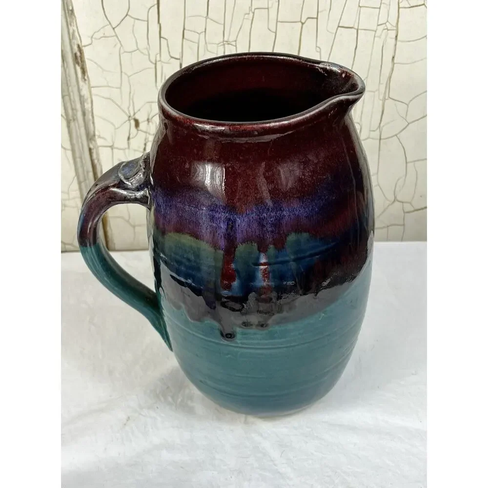 Joe Frank McKee Pottery Jug Jar Hand Thrown 9” Glazed Purple Blues Greens Art